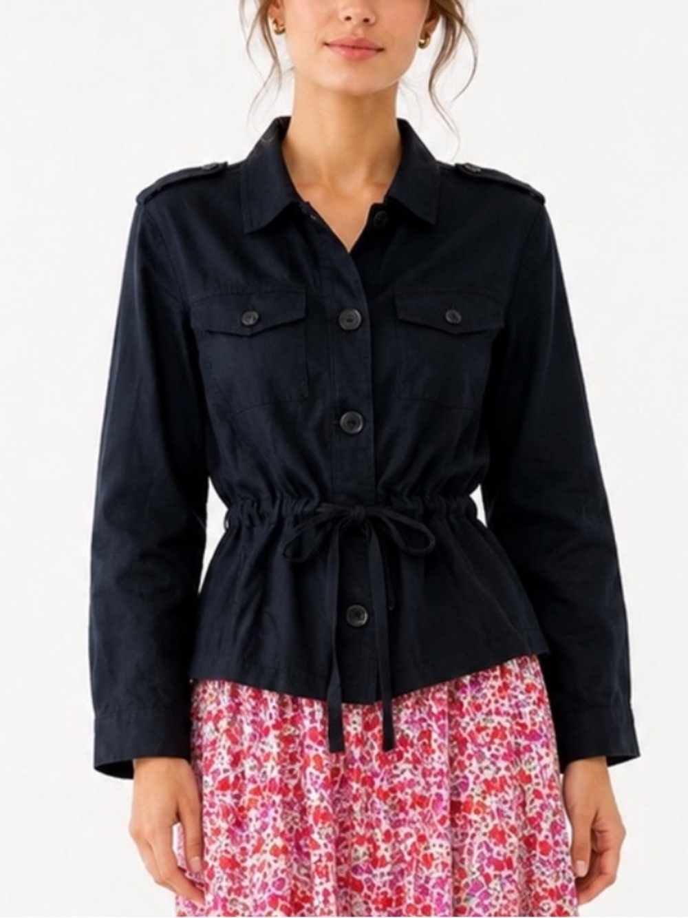 Talbots navy linen utility jacket  button